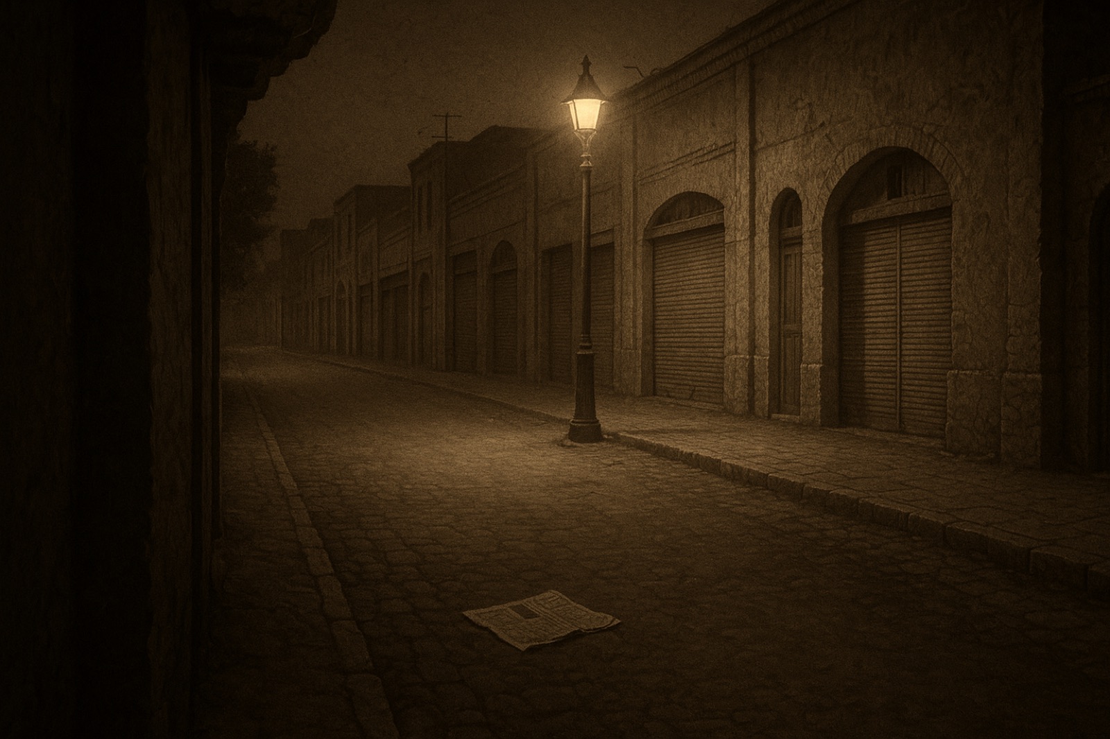 An empty Tehran alleyway at night in 1953 with a single street lamp and closed shop shutters.
