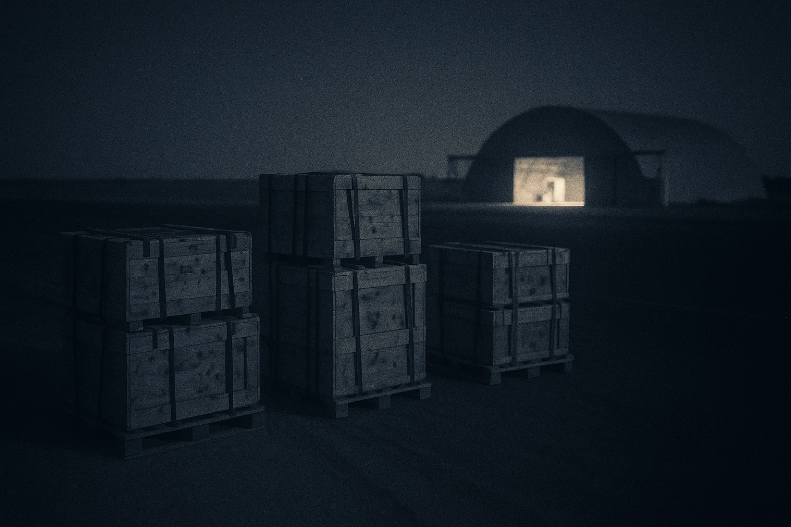 Sand-dusted military shipping pallets on a darkened airstrip at night, 1985, with wooden crates and a distant hangar with warm light spilling out.