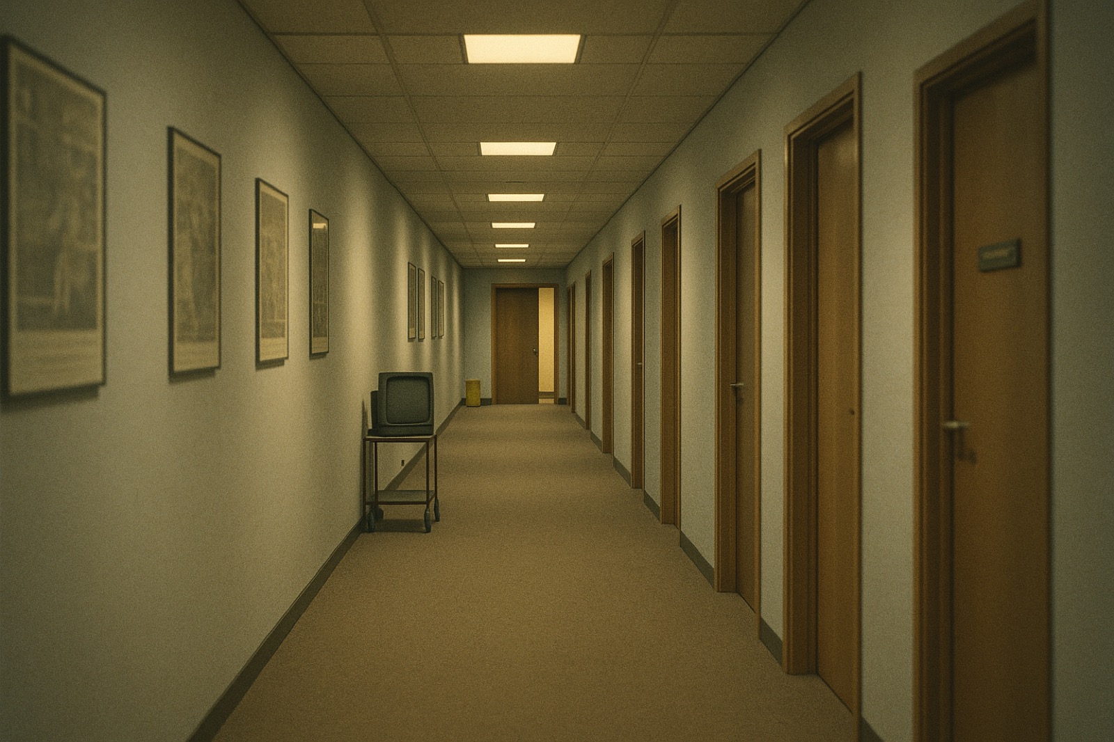 An empty BBC office corridor late at night — beige industrial carpet, pale-blue painted walls with framed posters in glass, half the recessed ceiling lights switched off leaving alternating pools of warm yellow light and cooler shadow, a row of closed wooden office doors on the right, a single ajar door at mid-distance casting a thin shaft of light onto the carpet. No people.