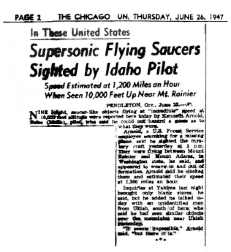 A 1947 newspaper headline announcing 'flying saucers' following the Kenneth Arnold sighting.