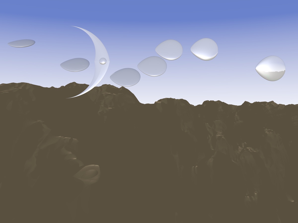 An illustration reconstructing Kenneth Arnold's 1947 sighting of nine objects flying near Mount Rainier.