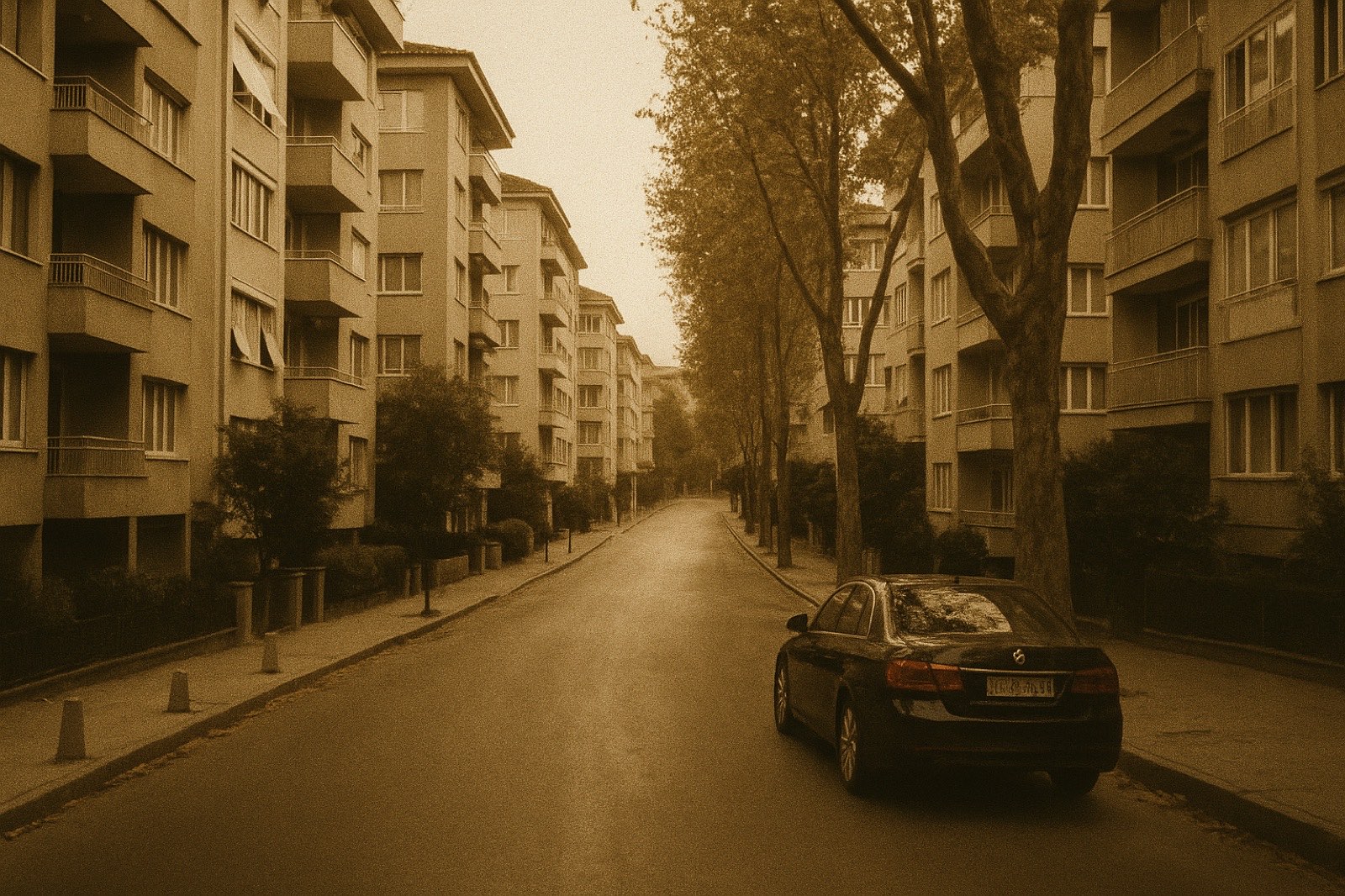 An empty Istanbul residential street in the Levent district in early autumn — modern mid-rise apartment buildings with balconies, mature plane trees along the sidewalk, a single black town car parked at the curb, late-afternoon golden light.