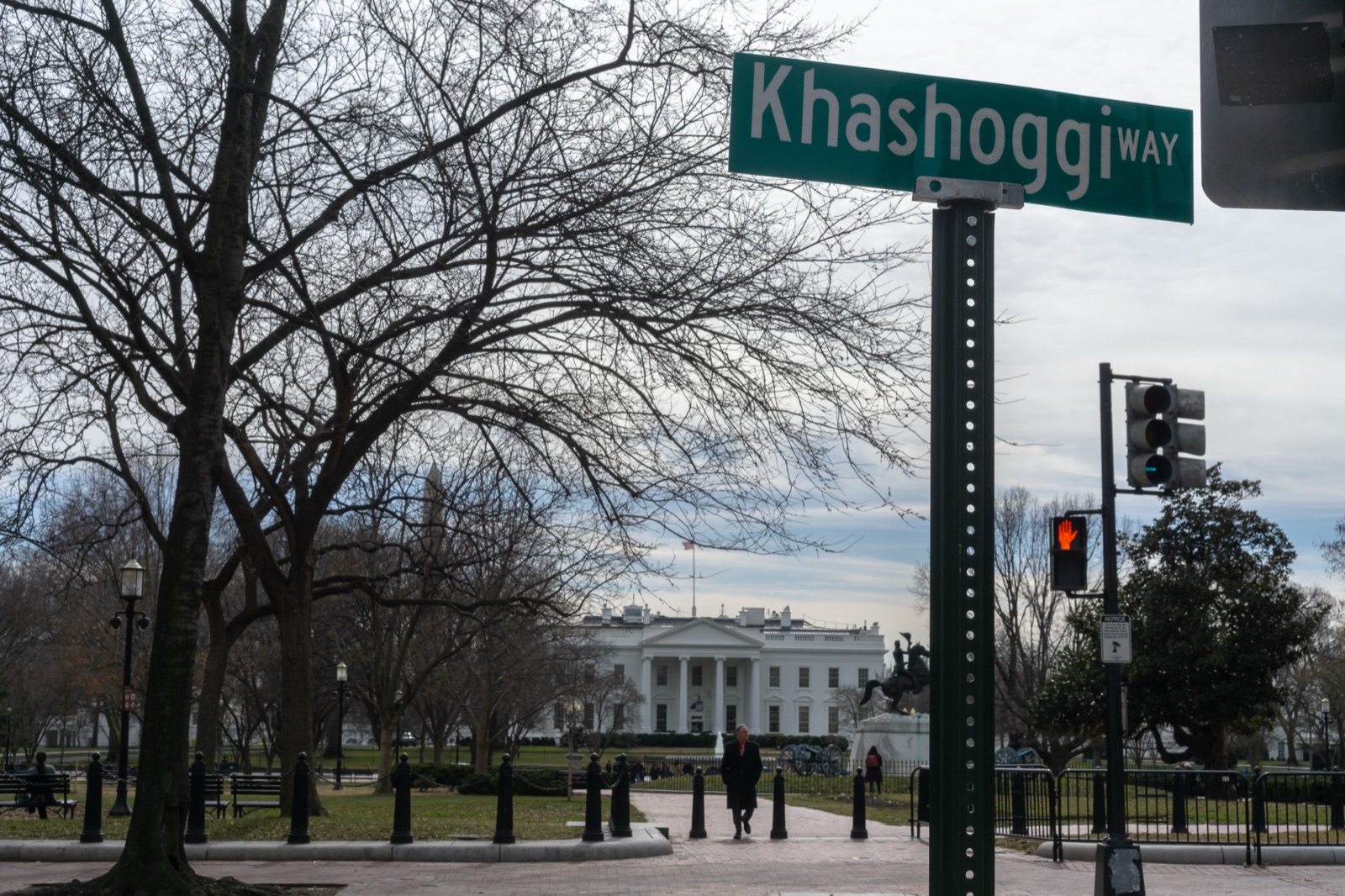 A street sign in Washington DC reading 'Jamal Khashoggi Way' — designated by the DC city council in 2022 in front of the Saudi Embassy.