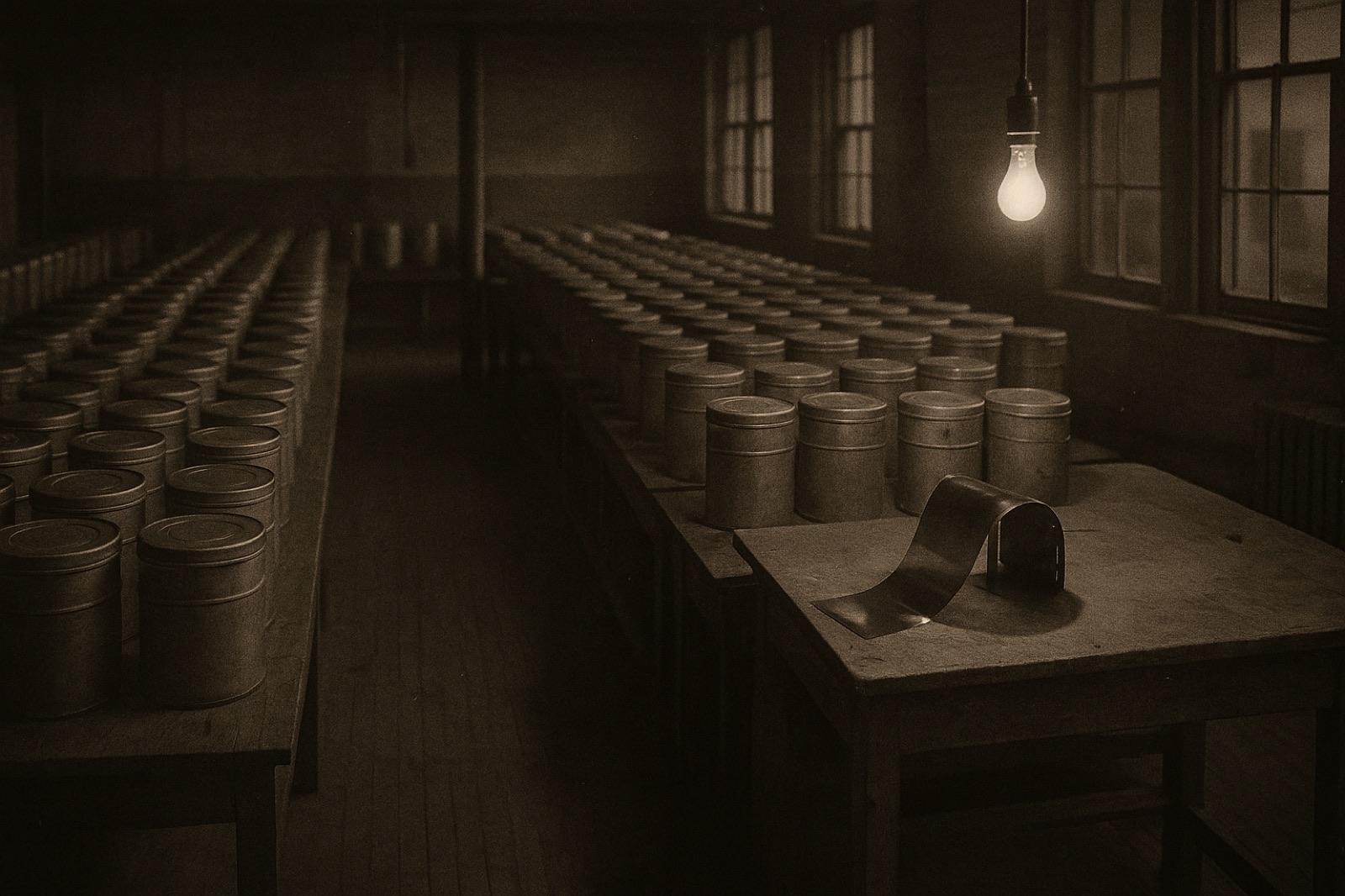 An empty photographic film factory floor at dusk, rows of sealed metal canisters on wooden tables, a roll of X-ray film catching the light from a single hanging bulb.