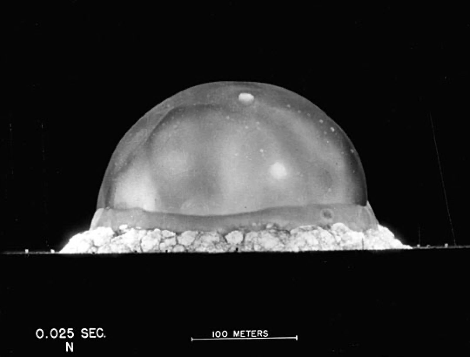 The Trinity test fireball at 25 milliseconds after detonation, July 16, 1945.
