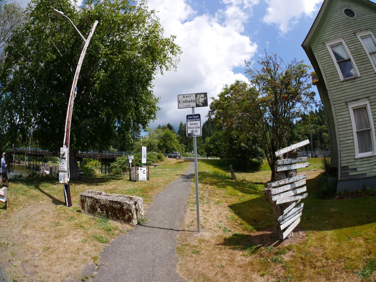 The sign and path at Kurt Cobain Memorial Park in Aberdeen, Washington.