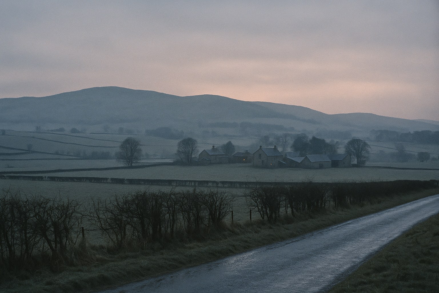 An empty Scottish Borders rural winter landscape at early evening — rolling pasture fields divided by bare hawthorn hedgerows, a narrow B-road winding through the foreground wet with light rain, low stone-built farmsteads with a few warm yellow window lights scattered across the middle distance, fully overcast sky lit faintly orange-grey from a hidden sunset. No people, no aircraft, no debris.