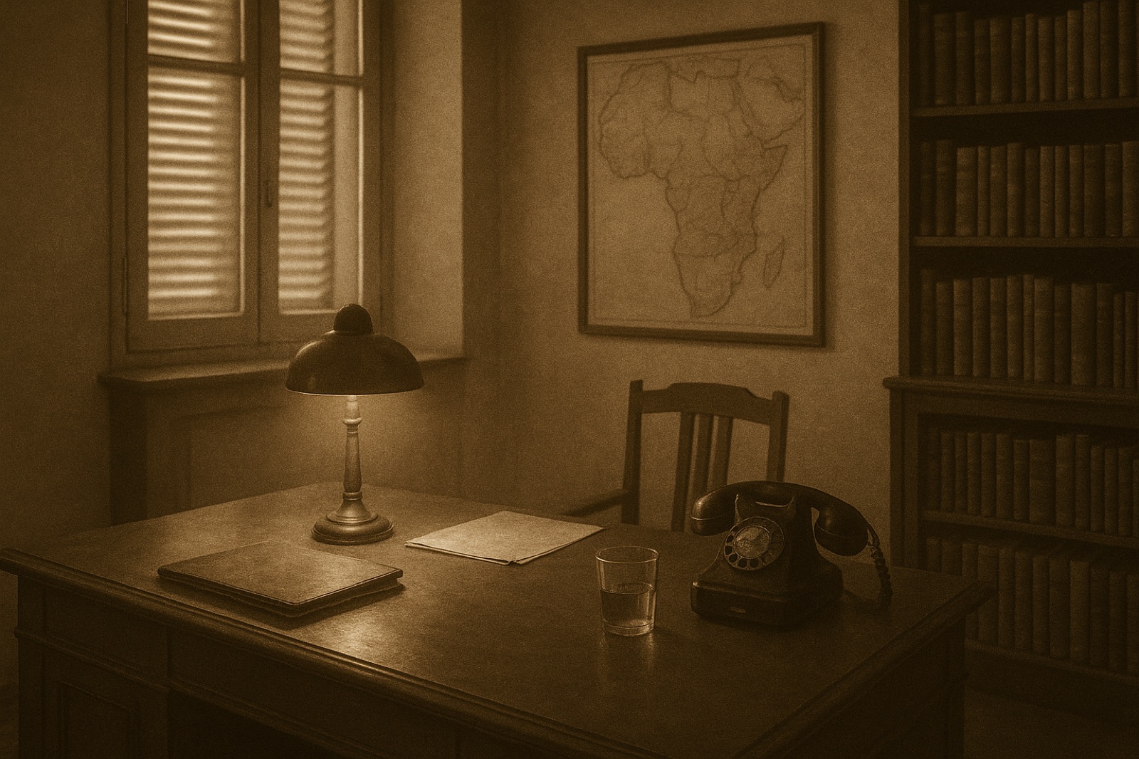 A late-colonial European administrative office at end of working day — a heavy mahogany desk with a closed leather portfolio, a brass desk lamp, a black rotary telephone, a half-finished tumbler; a tall window with closed shutters; bookshelves with leather-bound volumes; a framed non-specific map of central Africa on the rear wall.