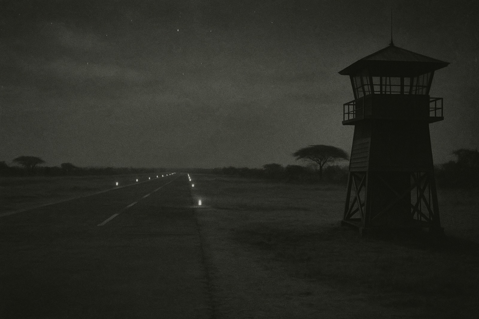 An empty African airfield at night — a wooden control-tower silhouette at the right edge, a short runway extending into the distance with sparse landing lights, low scrub and acacia trees along the far edge; an overcast sky with a few stars visible.