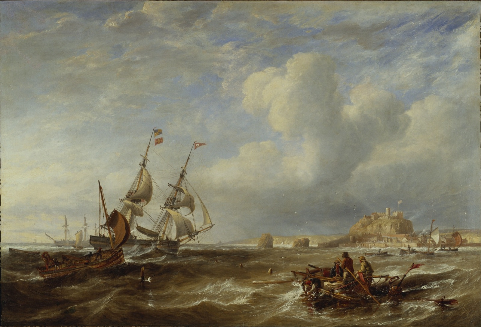 A 19th-century oil painting of a brigantine under full sail in coastal waters — a two-masted merchant sailing ship heeling slightly to the wind, with other small craft and a shoreline in the background.