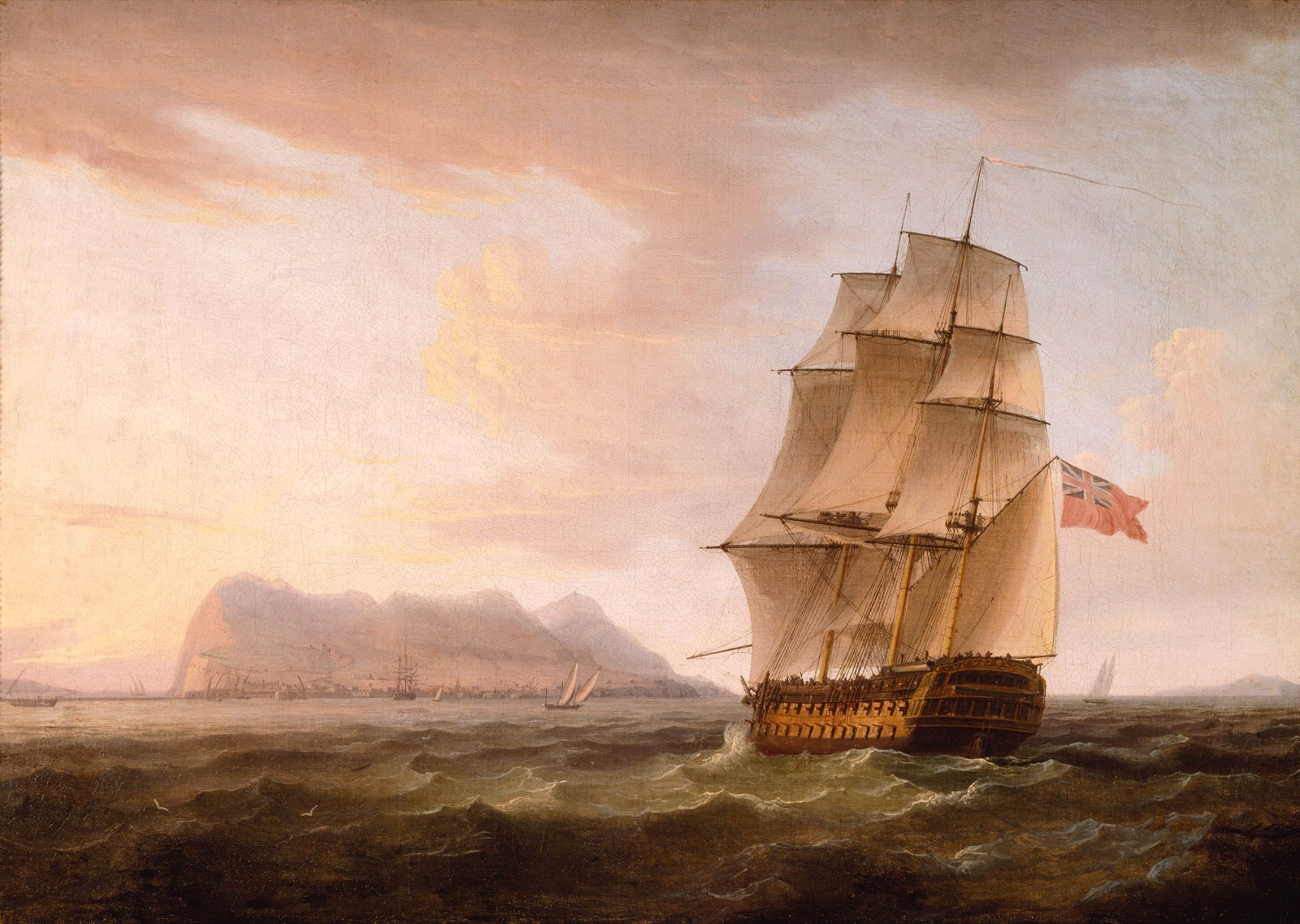 A 19th-century marine painting of the Rock of Gibraltar rising above the sea, with a British man-of-war and other sailing ships in the bay before it under a dramatic sky.