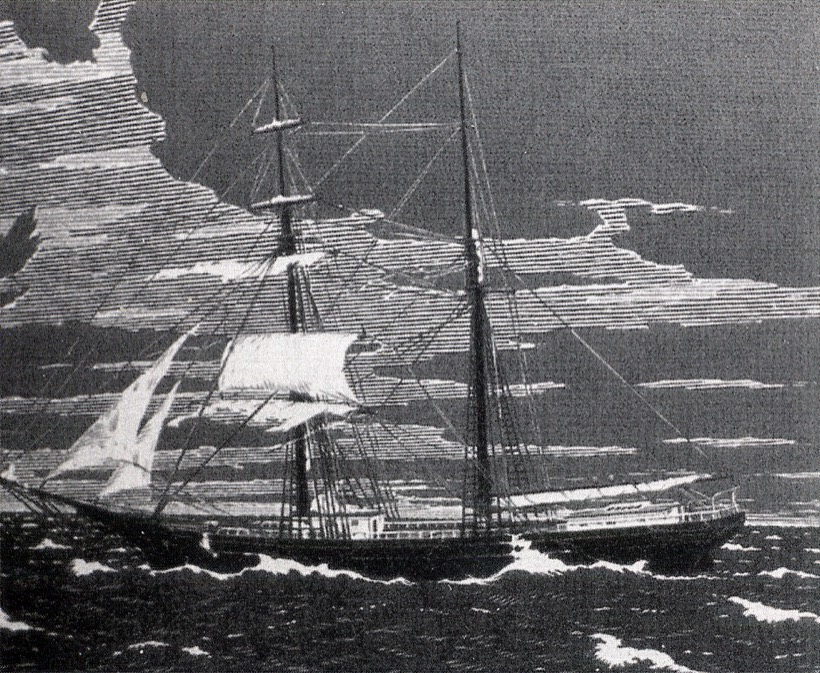 A black-and-white engraving of the Mary Celeste — a two-masted brigantine under partial sail, alone on a choppy sea beneath a cloudy sky, with no figures visible on deck.