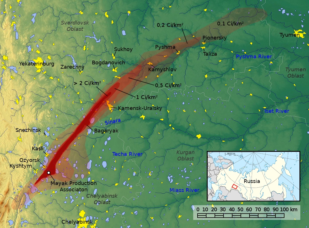 A map of the East Urals Radioactive Trace, showing the plume of contamination spreading northeast from the Mayak complex after the 1957 explosion.