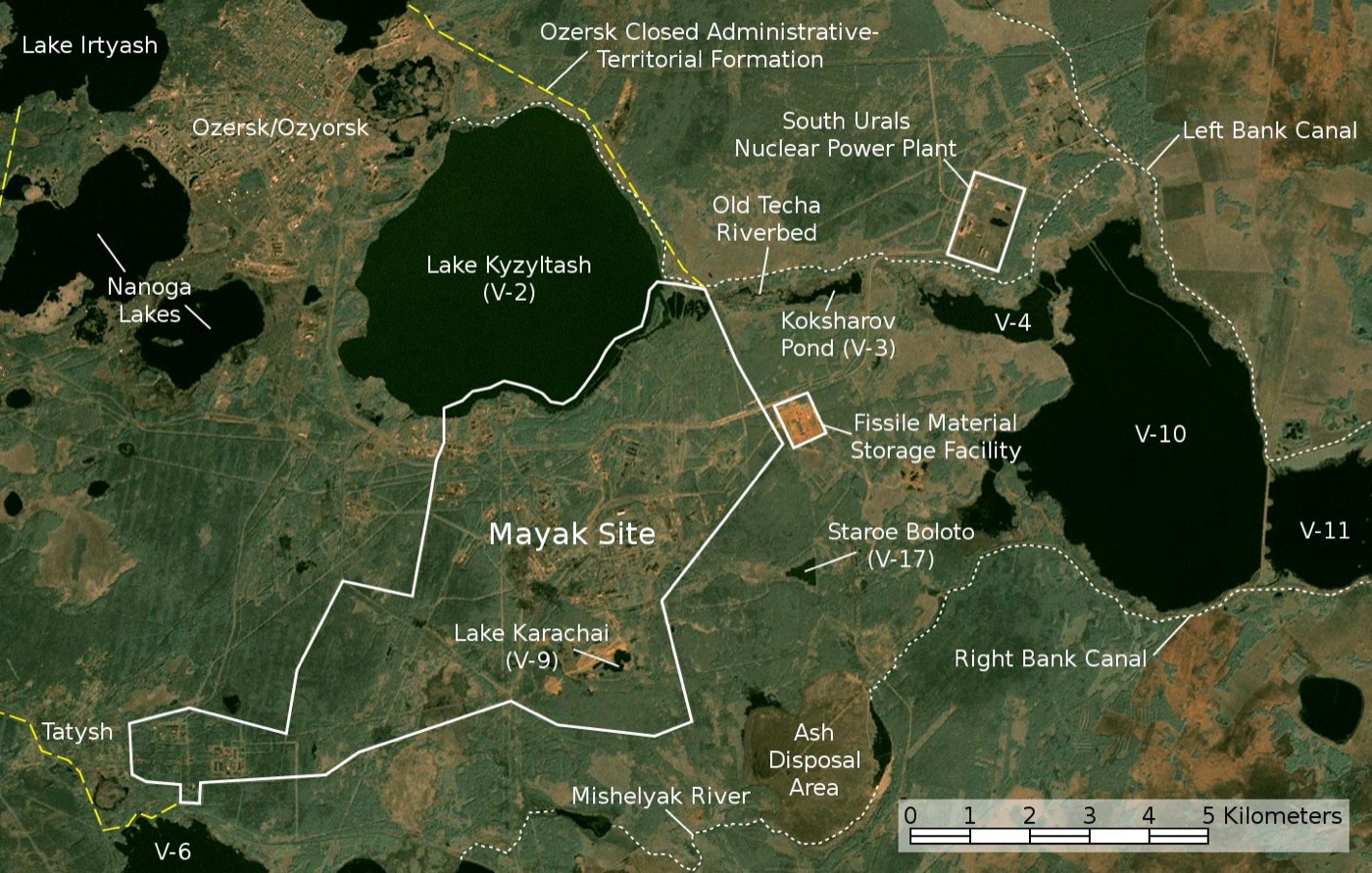 A satellite image and map of the Mayak nuclear facility in the southern Urals, showing the complex and its surrounding lakes and reservoirs.