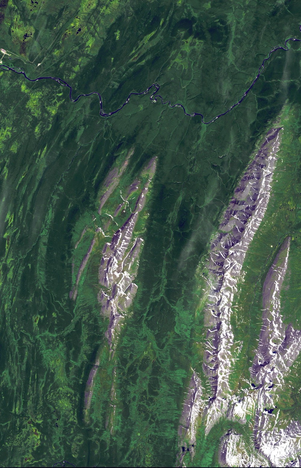 A satellite image of the Ural Mountains of Russia, the region where the Mayak complex and the Kyshtym disaster occurred.