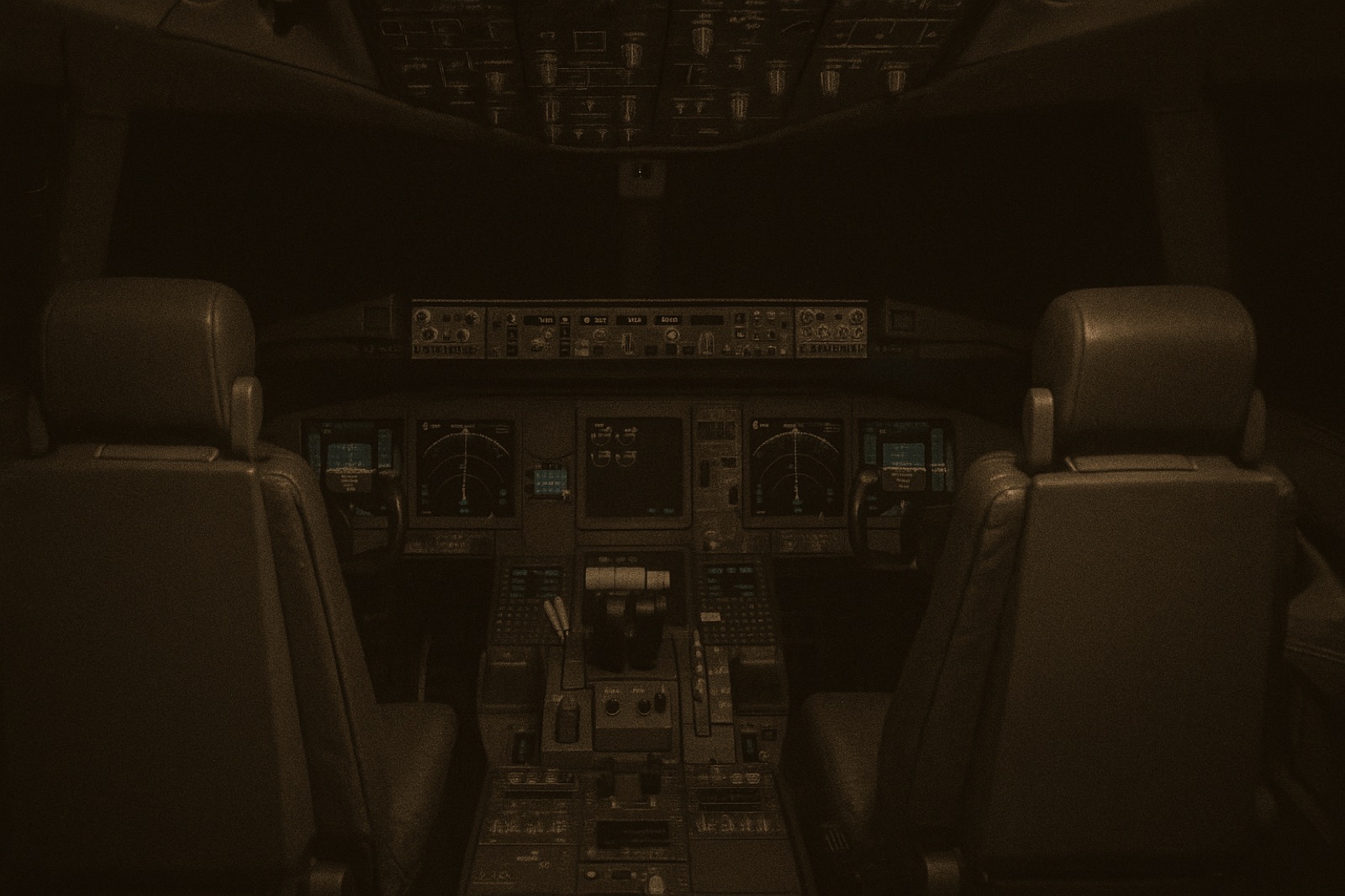 An empty wide-body airliner cockpit at night, viewed from the rear bulkhead looking forward — two unoccupied pilot seats, the dim glow of instrument panels casting blue and amber light onto the throttle and centre console, complete darkness through the windscreen.