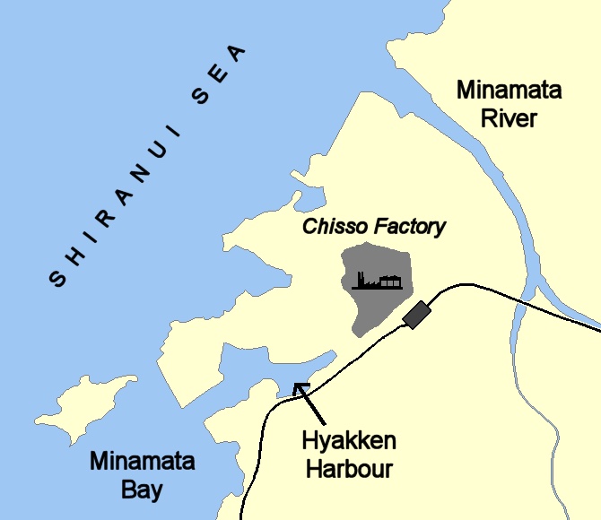 A map illustrating the routes by which the Chisso factory's effluent reached Minamata Bay and the surrounding sea.