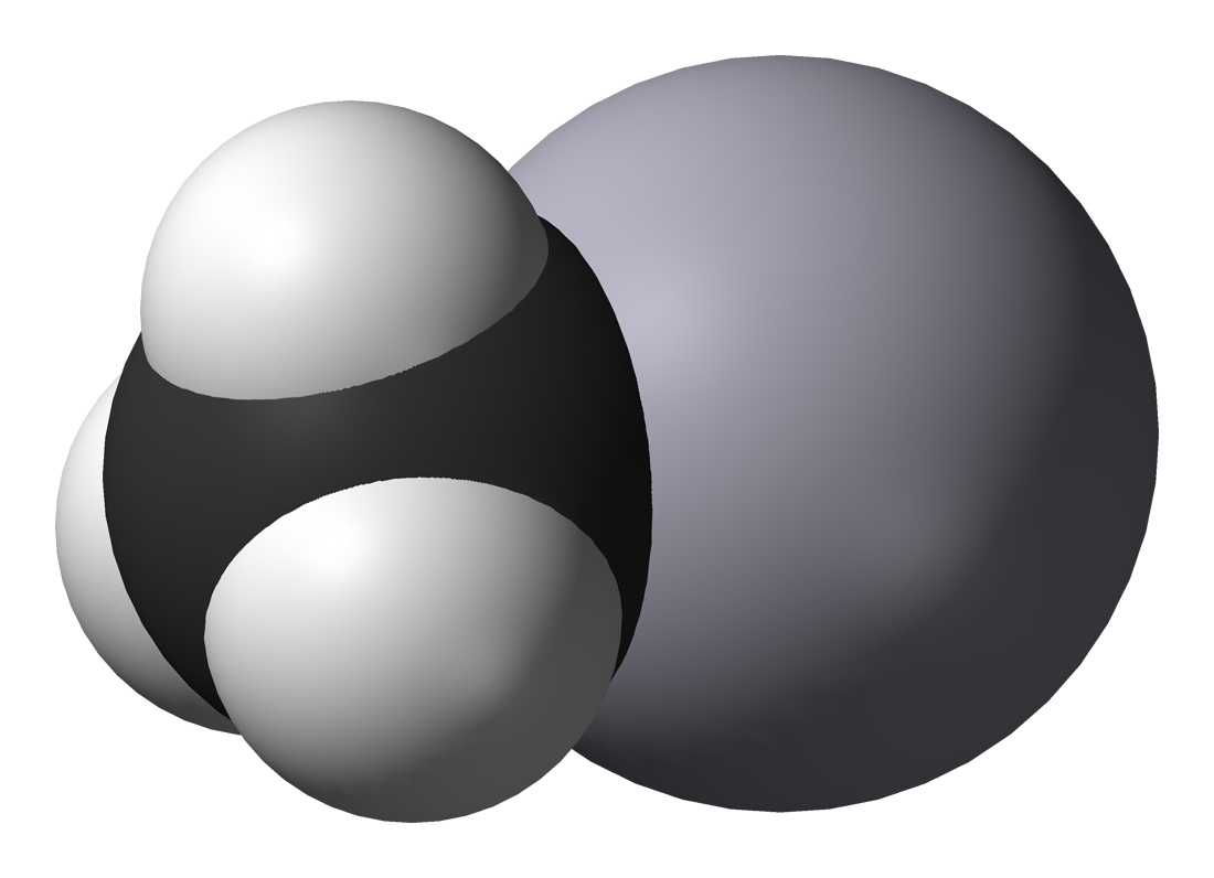 A molecular model of the methylmercury cation, showing a mercury atom bonded to a methyl group.