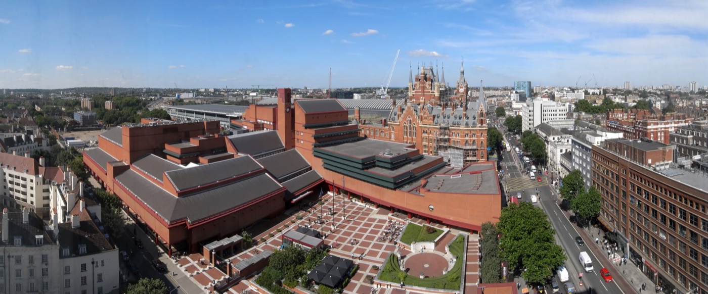 The British Library building at St Pancras in London, a large modern brick structure.