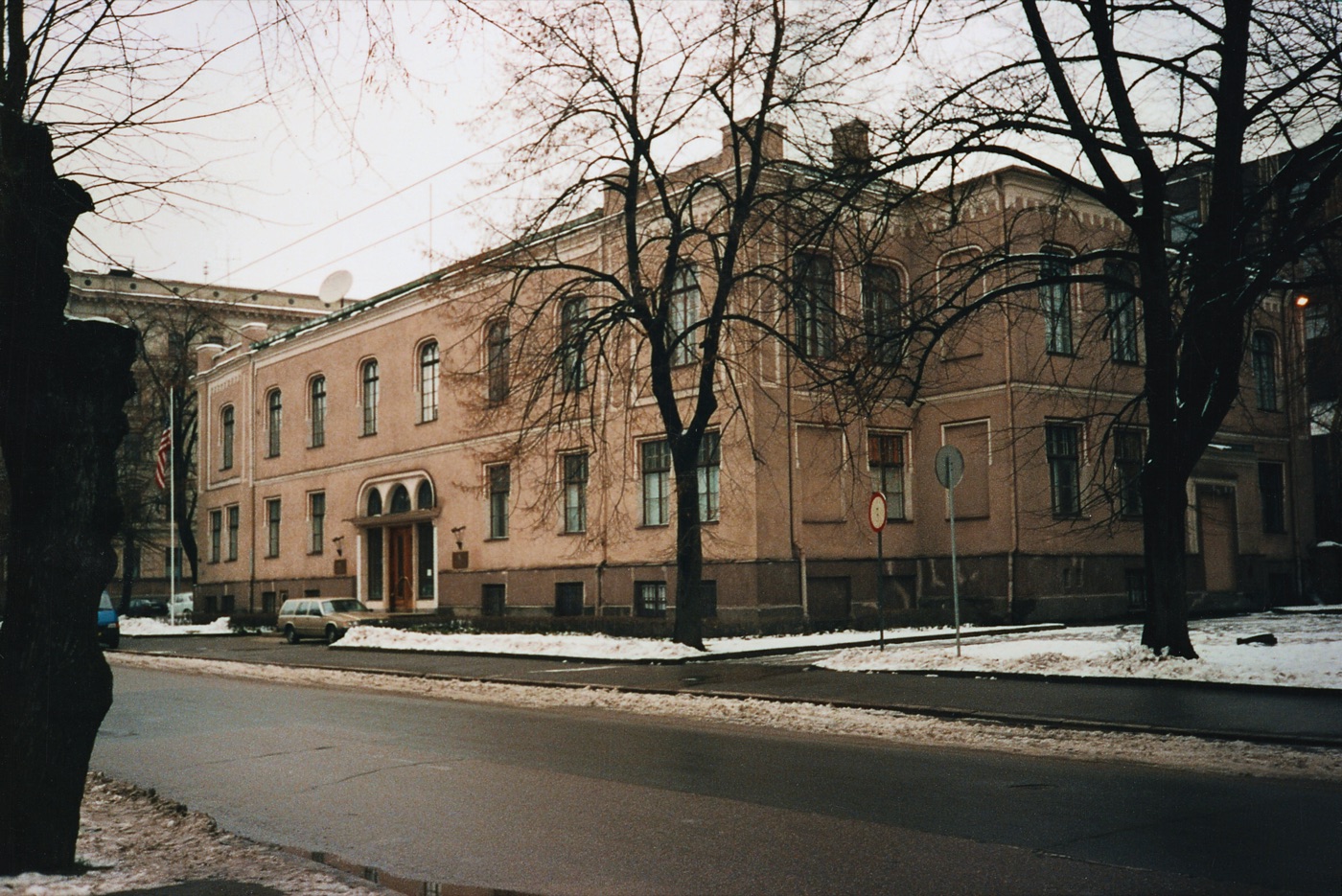 A street view of Riga, Latvia, in 1992, with older buildings and the atmosphere of the early post-Soviet period.