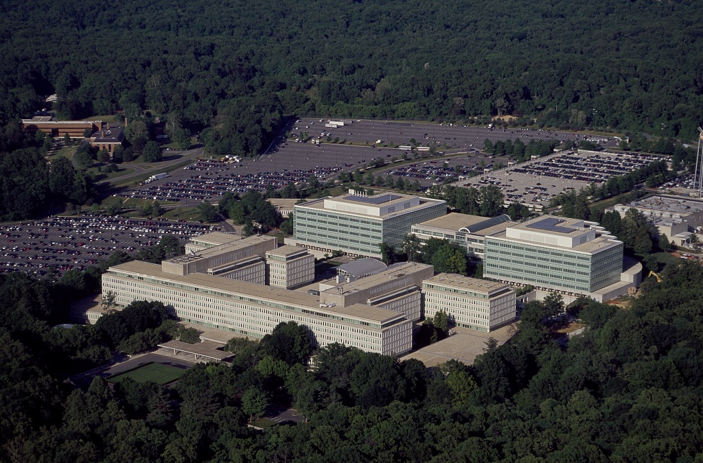 Aerial photograph of the George Bush Center for Intelligence — the Central Intelligence Agency's headquarters complex at Langley, Virginia.