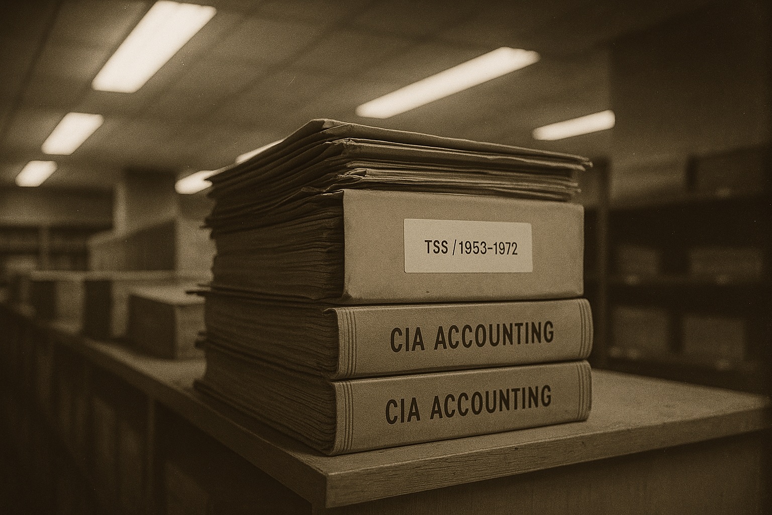 A stack of manila folders and bound ledgers in a federal records storage room, with a typed label reading 'TSS / 1953–1972'.