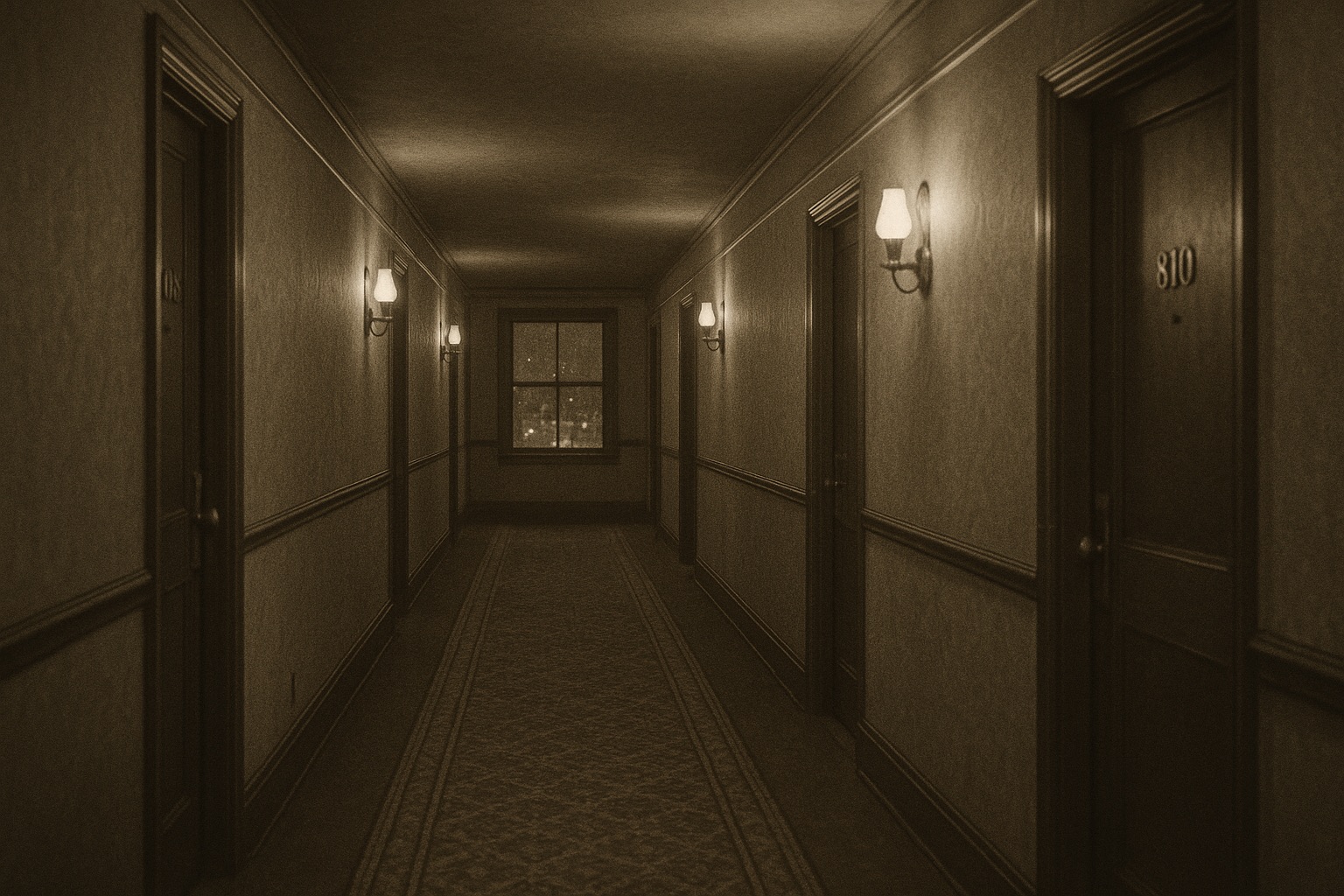 An empty 1950s American hotel corridor at night, dim sconces, a window at the far end showing distant city lights.