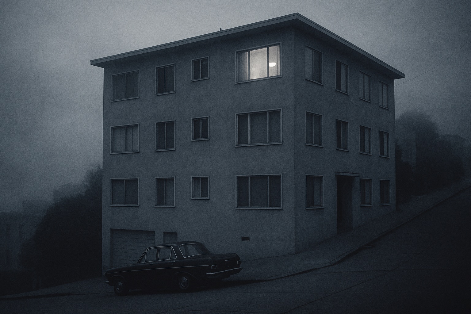 A modest 1960s apartment building on a foggy San Francisco hillside at dusk.