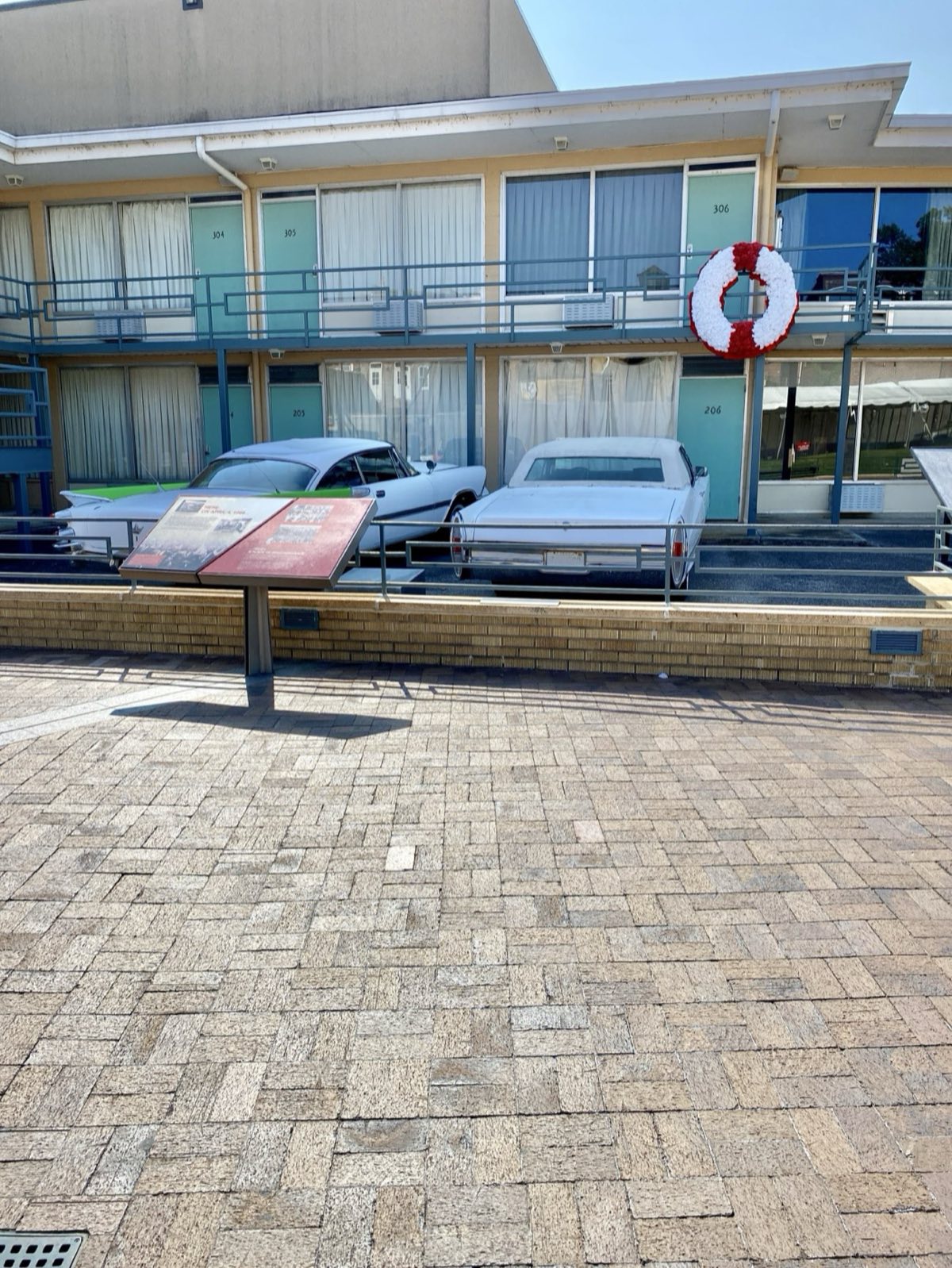 The Lorraine Motel in Memphis, with a wreath marking the balcony of room 306 where Martin Luther King Jr. was assassinated, now the National Civil Rights Museum.