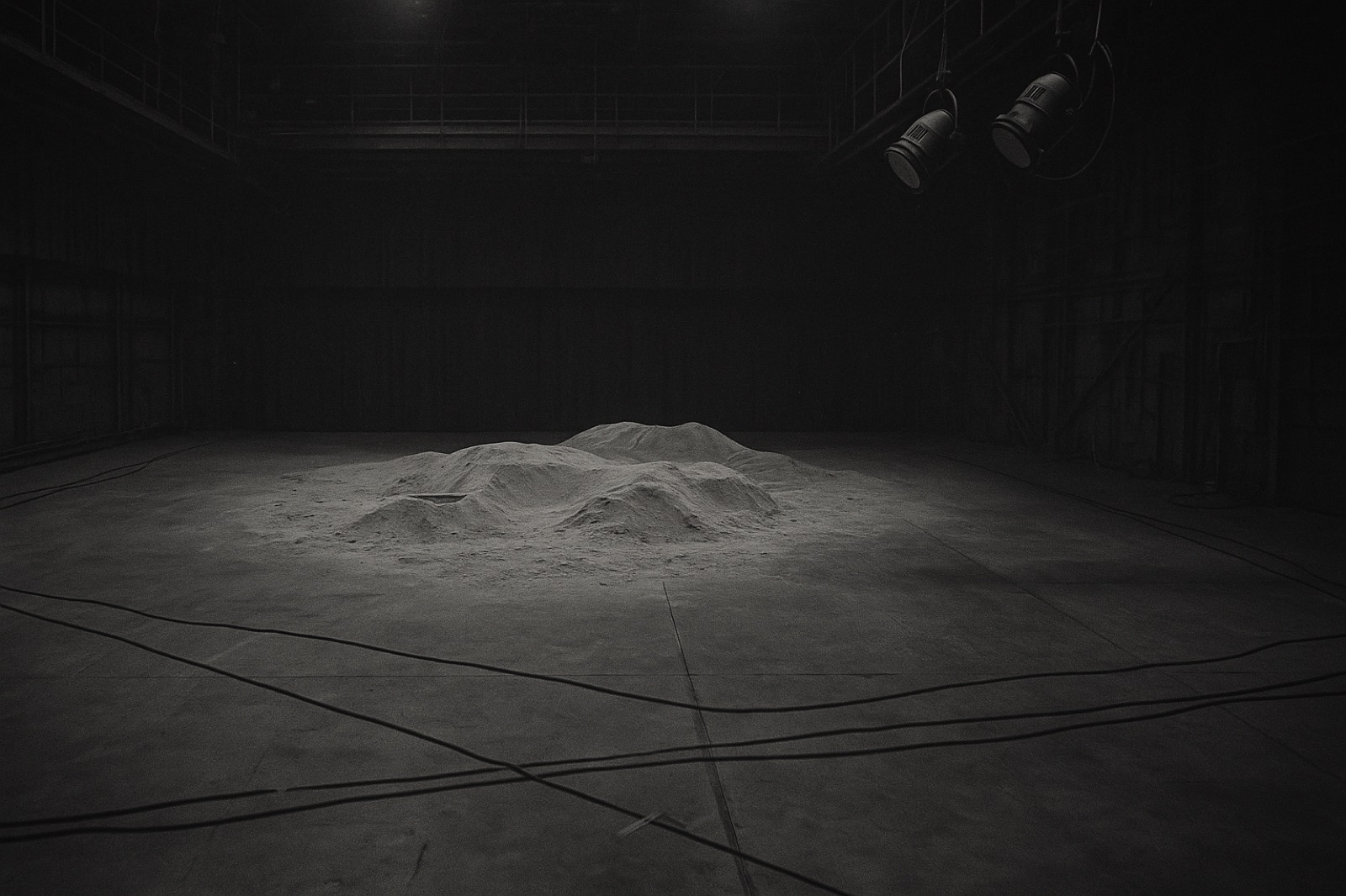 An empty professional film soundstage at low light — grey-painted plywood mounds suggesting a constructed lunar surface at centre, two industrial spotlights hanging unlit from the gantry, black backdrop curtains, cables across the floor.
