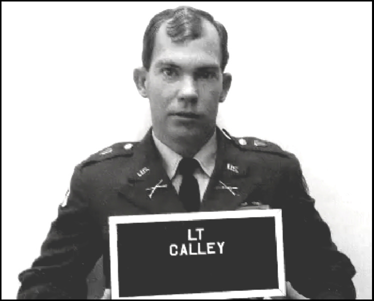 Lieutenant William Calley at his court-martial proceeding at Fort Benning, Georgia, 1970 — younger man in U.S. Army dress uniform, photographed seated at the defense table during proceedings.