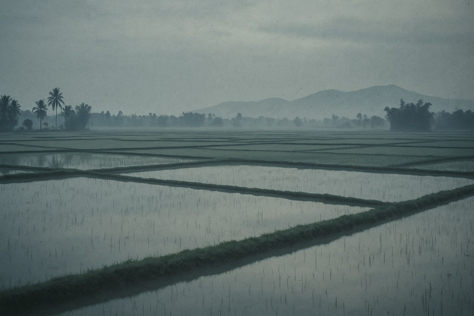 An empty rural Quảng Ngãi-province rice-paddy landscape at first light — patchwork of flooded rice paddies in the foreground separated by raised earthen banks, scattered palm groves and bamboo stands in the middle distance, low coastal mountains silhouetted on the horizon, pre-dawn mist hanging above the paddy water. No people, no buildings.