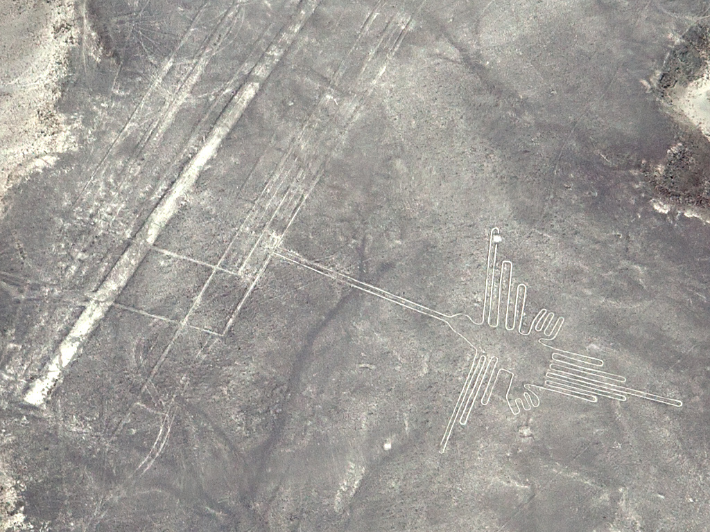The Nazca geoglyph of a hummingbird, a large stylised bird with a long beak and outstretched wings, etched into the desert.