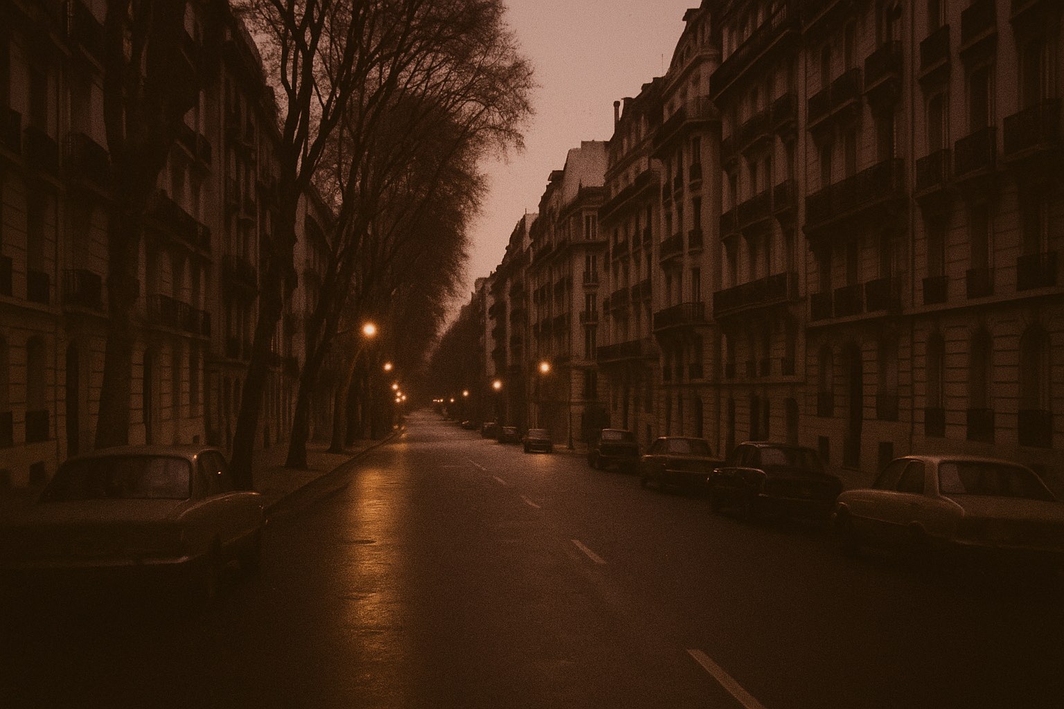 An empty Buenos Aires residential boulevard in the Recoleta district at late dusk — tall plane trees on both sides casting long shadows, mid-rise belle-époque apartment buildings with French-influenced facades and small wrought-iron balconies, a few parked European cars of the mid-1970s, wet pavement reflecting streetlamps just coming on, the sky fading from blue to lavender. No people.