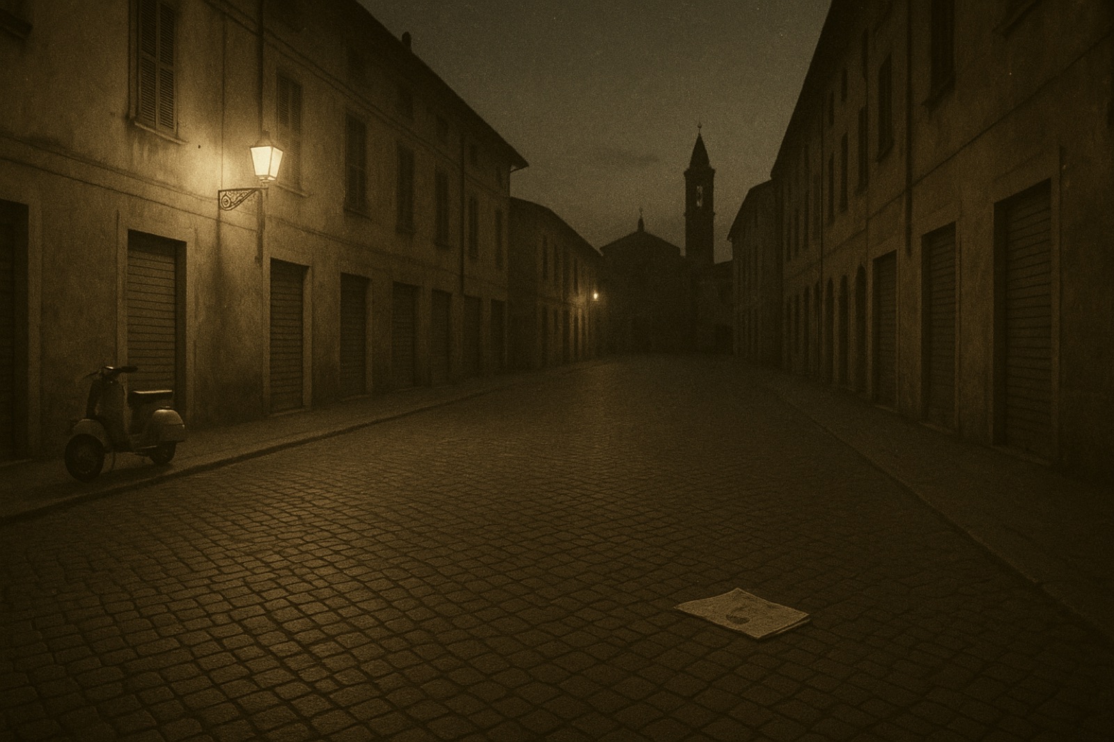 An empty Italian piazza at dusk in the late 1960s, cobblestones, a single Vespa, closed shop shutters, a wrought-iron street lamp, distant church silhouette.