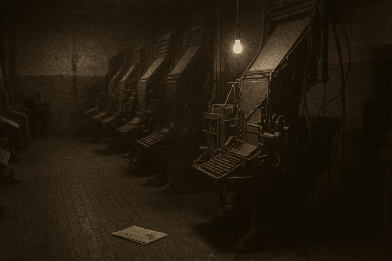An empty 1950s newspaper composing room at night, rows of metal Linotype machines, a single bare bulb hanging over one of them.