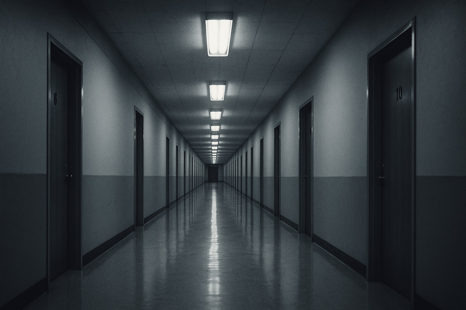 An empty Pentagon corridor at night, fluorescent lights, polished linoleum floor, a row of numbered doors stretching into the distance.