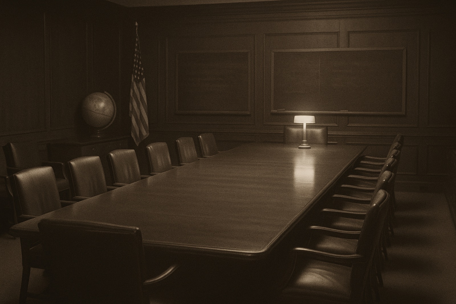 An empty 1962 Pentagon conference room with a long wooden table, leather chairs, banker's lamp, globe — evoking the JCS room where Northwoods was approved.