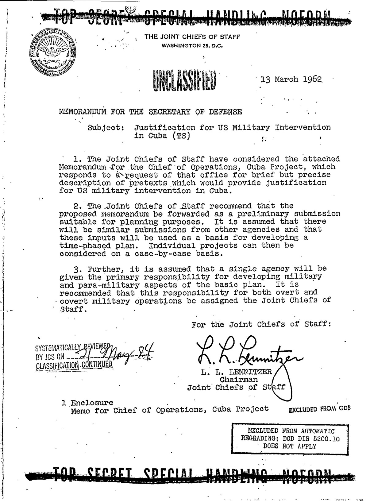 Facsimile of the first page of the Operation Northwoods memorandum, declassified 1997.