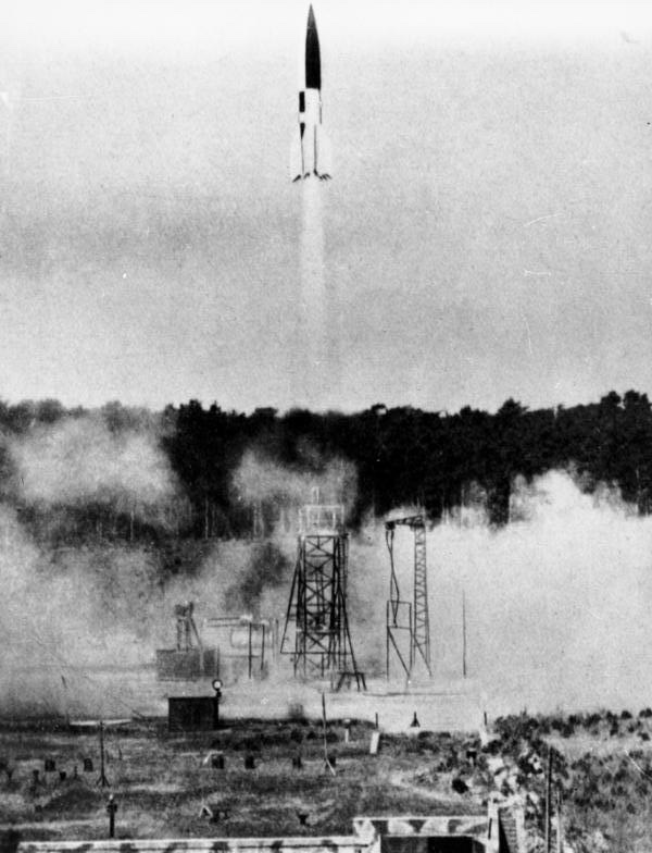 A V-2 ballistic missile launching from Peenemünde, Germany.