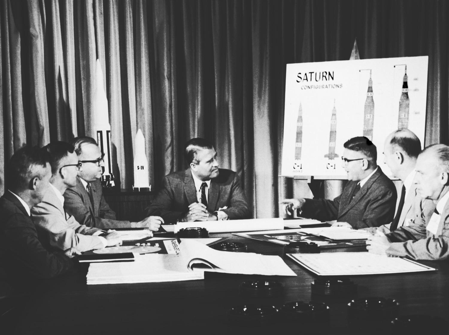 Wernher von Braun with his rocket team at Marshall Space Flight Center, 1961.