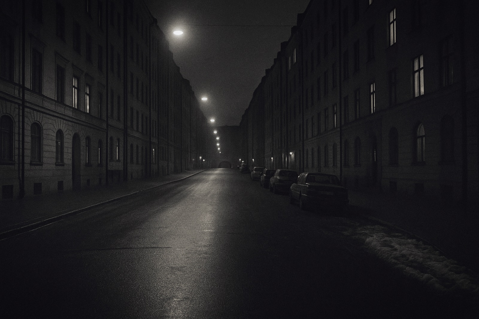 A wide Stockholm city avenue at night in late winter — wet asphalt reflecting warm sodium-vapour street lamps, 19th-century stone-faced apartment buildings on both sides, parked cars, patches of slush at the gutter, the avenue meeting a smaller cross street with a darker tunnel-mouth visible in the middle distance.