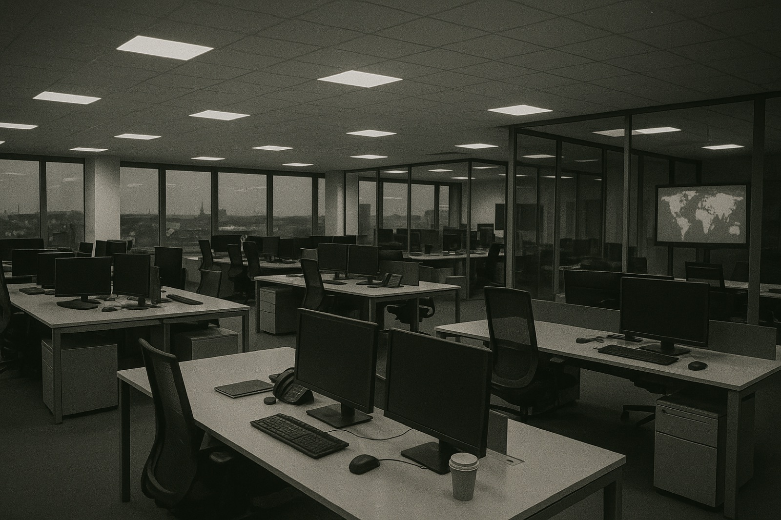 An empty modern newsroom at end of working day — rows of L-shaped desks with dual computer monitors, ergonomic chairs pushed in, a large glass-fronted conference room at the rear with a flat-screen showing a world map, tall windows revealing a dusk European city skyline; soft cool LED lighting overhead.