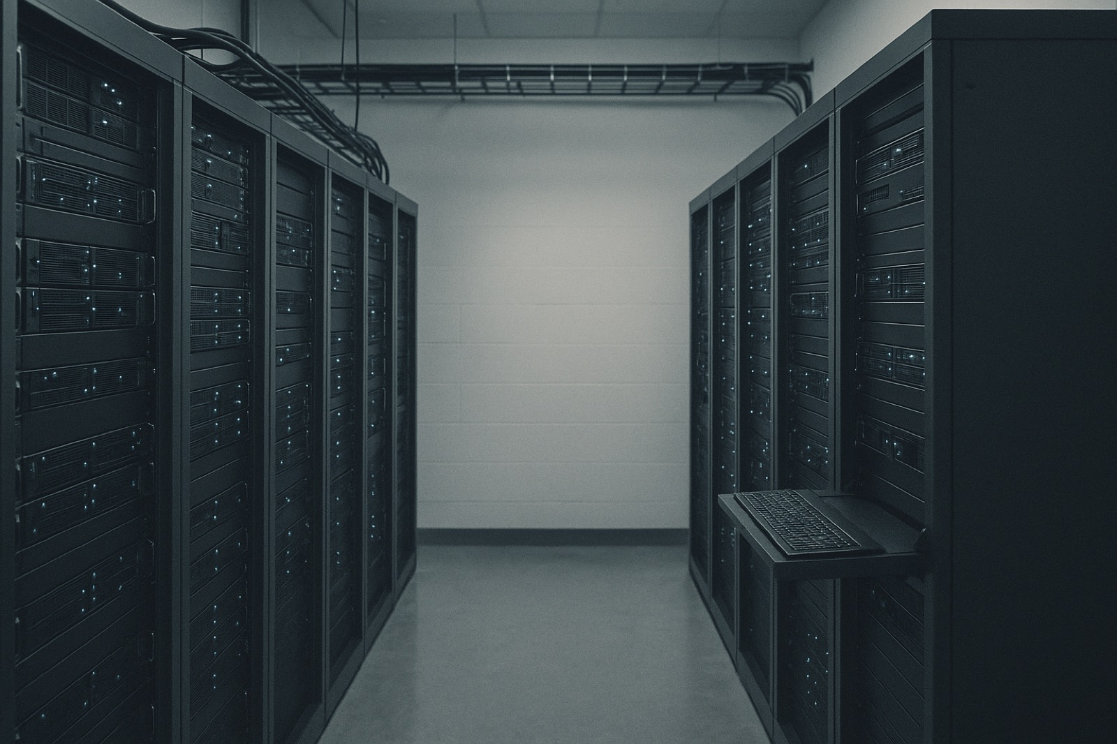 A small modern server room with two short rows of black server racks — blue and green indicator lights blinking, polished concrete floor, cool ambient lighting, a single keyboard tray pulled out at the front of one rack, network cables along an overhead tray.