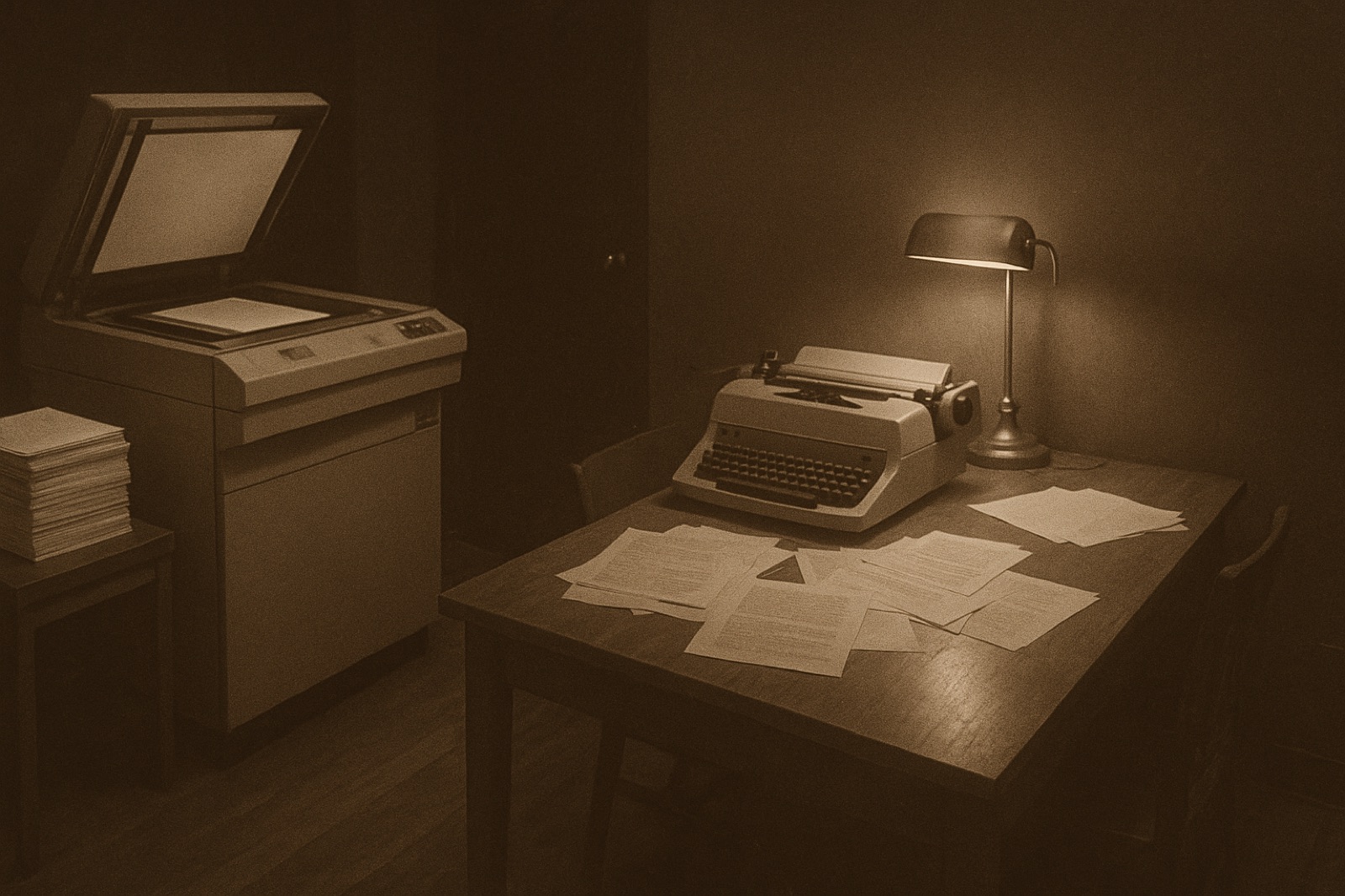 A small office at night 1969, a Xerox photocopier mid-cycle, a stack of paper, an IBM typewriter on a desk, papers fanned out, a single banker's lamp.