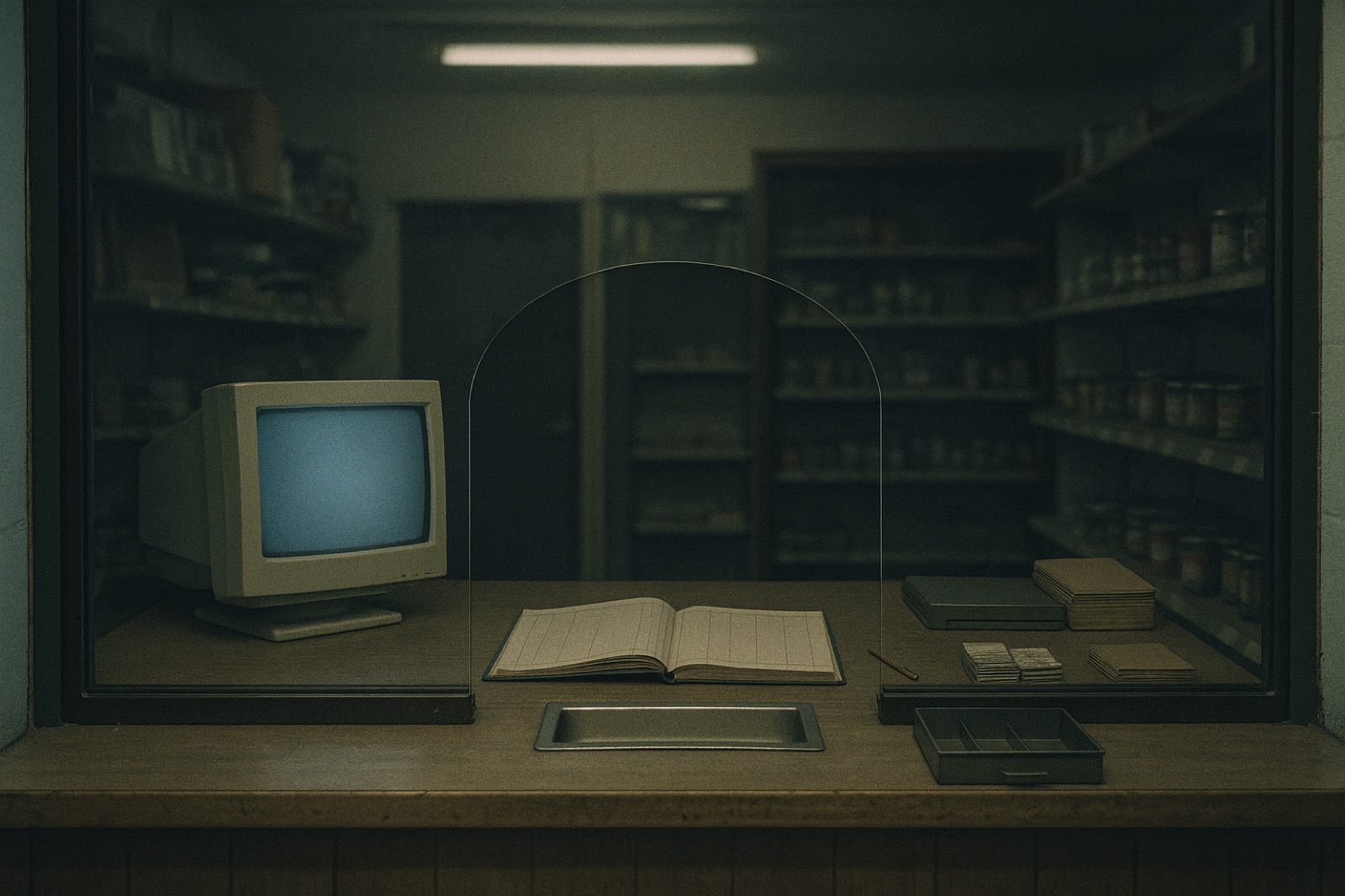 The interior of a small village sub-post-office counter at night after closing — a worn laminate-and-wood service counter behind security glass with a metal cash tray, the soft blue-grey glow of a boxy beige cathode-ray-tube monitor, an open paper accounts ledger, a pencil, a half-open cash drawer, and stamp booklets, lit only by the screen and a single overhead striplight. No people.