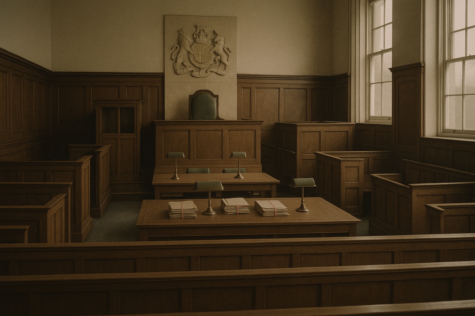 The empty interior of a traditional English Crown Court room viewed from the public gallery — rows of polished oak benches, a raised wood-panelled judge's bench with a green leather chair beneath a carved royal coat-of-arms, an enclosed witness box and a panelled dock, and buff document folders tied with pink ribbon on the advocates' table, lit by flat grey daylight from tall sash windows. No people.