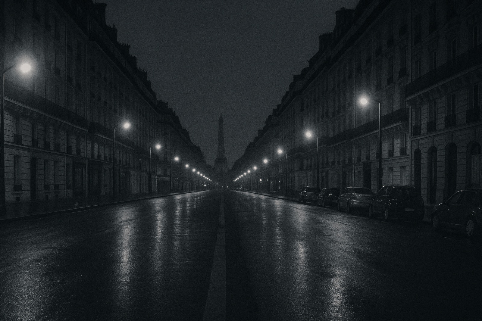 An empty central-Paris boulevard at midnight in late August — Haussmann buildings with wrought-iron balconies on both sides, wet asphalt reflecting warm street lamps, a few parked cars, the Eiffel Tower silhouette barely visible in the distance.