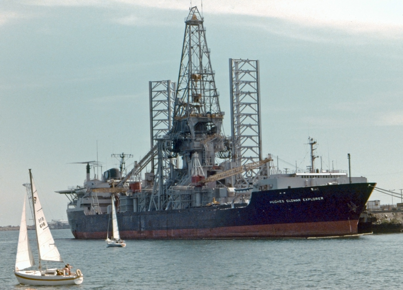 The Hughes Glomar Explorer, the CIA's purpose-built salvage ship, in port.