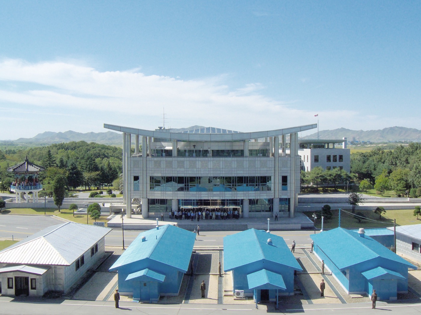 The Joint Security Area in the Korean Demilitarized Zone, with buildings straddling the border between North and South Korea.
